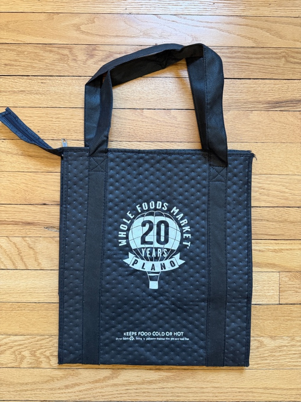 Whole Foods zipper 20 Years Plano Texas Black Insulated Tote Bag New